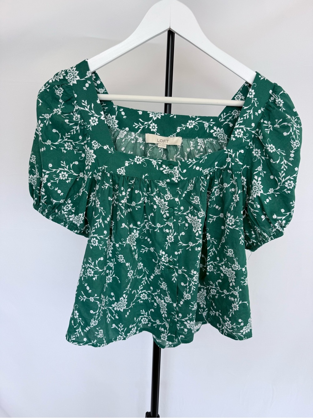 LOFT Emerald Green Floral Square-Neck Puff Sleeve Blouse